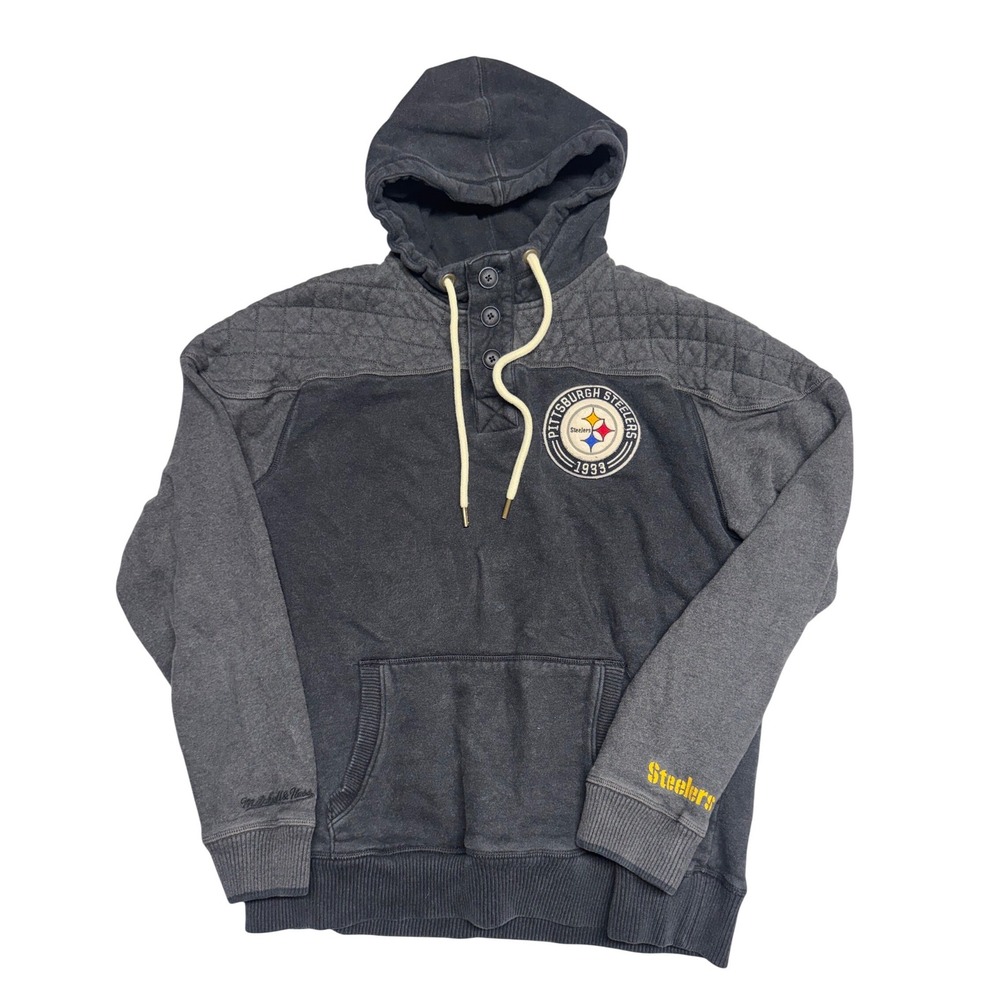 Mitchell & Ness Pittsburgh Steelers Hoodie Mens Large Grey Henley Quilted